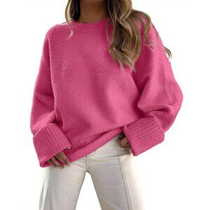 Women's Hot Pink Oversized Long Sleeve Casual Fuzzy Knit Sweaters